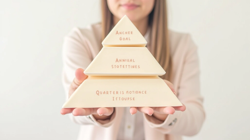 Three-tier goal pyramid showing anchor goal at top, annual milestones in middle, quarterly actions at base