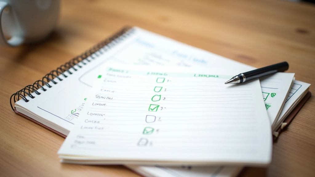 Organized planner with written goals and checkmarks on wooden desk with pen and coffee
