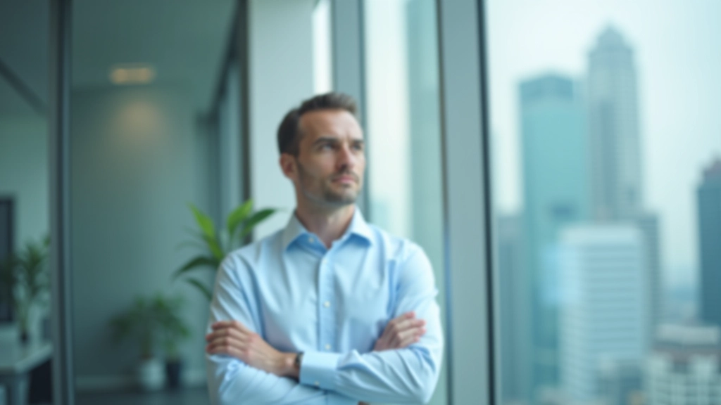 Professional man in office setting looking thoughtfully out window, contemplative