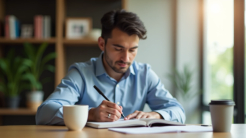 Man at desk with notebook and coffee, planning and reflecting on life goals with natural window lighting