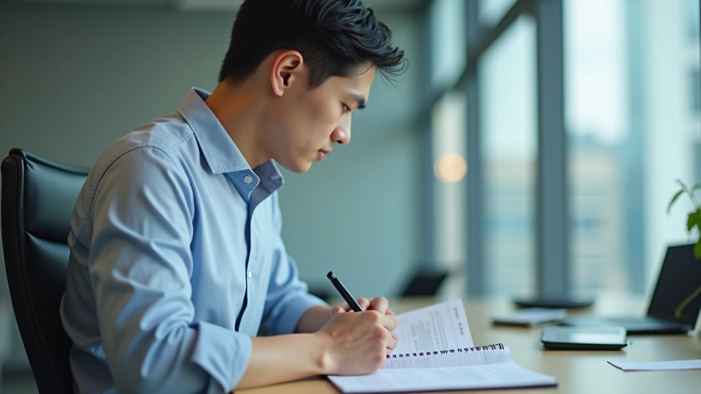 Person at desk looking focused and determined while reviewing goals and notes