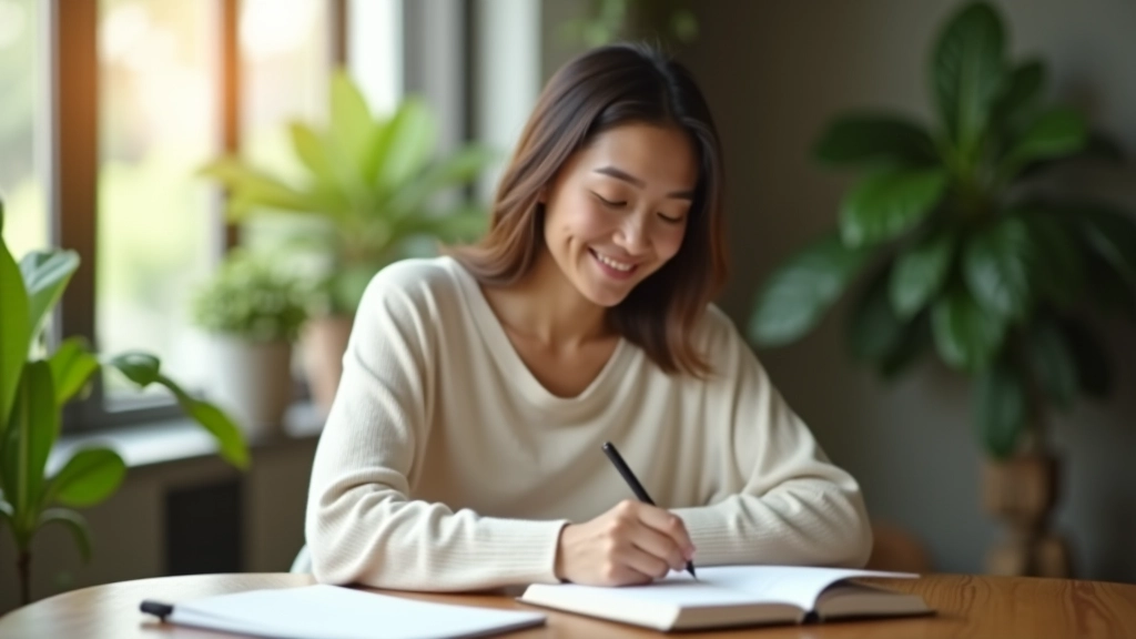 Professional writing in goal-setting journal at wooden desk with plants and morning light