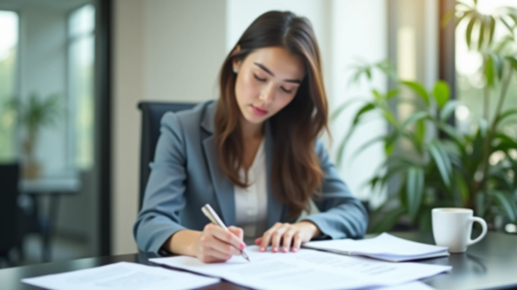 Professional woman at desk reviewing goals and planning documents with coffee